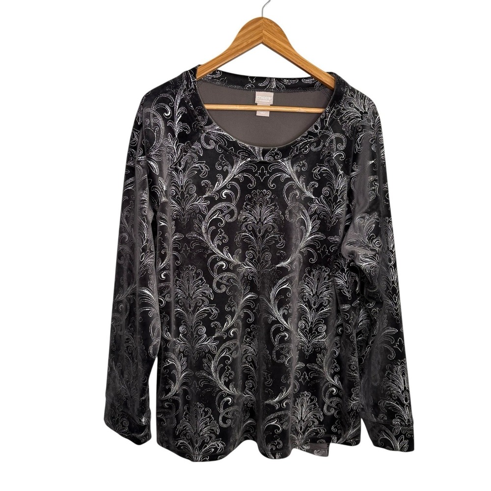 Chicos Zenergy Womens Top 4 (20/22) Gray Silver Crushed Velvet Paisley Floral